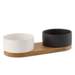 Futterstation aus Keramik und Holz VUKU schwarz | weiß