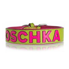 Personalisiertes Halsband aus Leder in Apfelgrün, Schriftfarbe frei wählbar