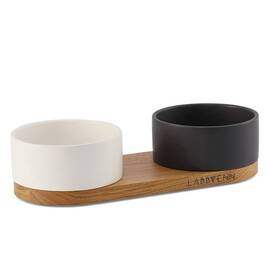 Futterstation aus Keramik und Holz VUKU schwarz | weiß