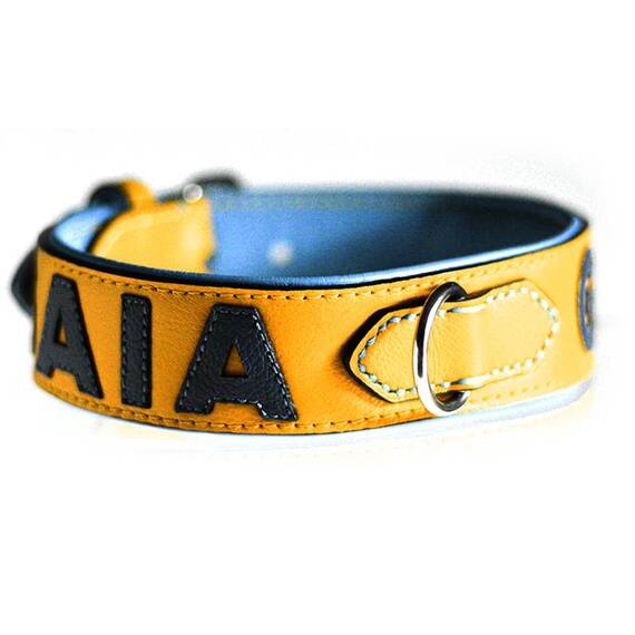 Personalisiertes Halsband aus Leder gelb, Schriftfarbe frei wählbar