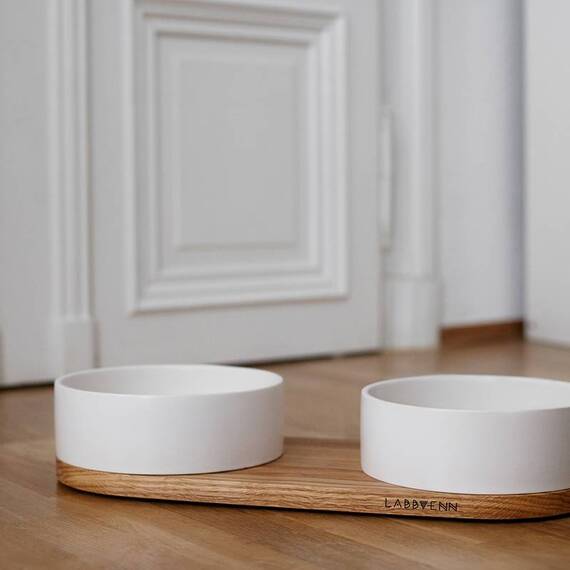 Futterstation aus Keramik und Holz VUKU taupe | weiß