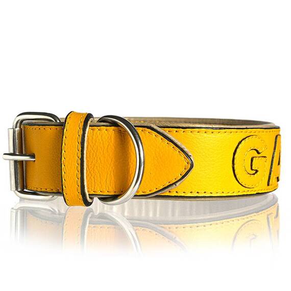 Personalisiertes Halsband aus Leder gelb, Schriftfarbe frei wählbar