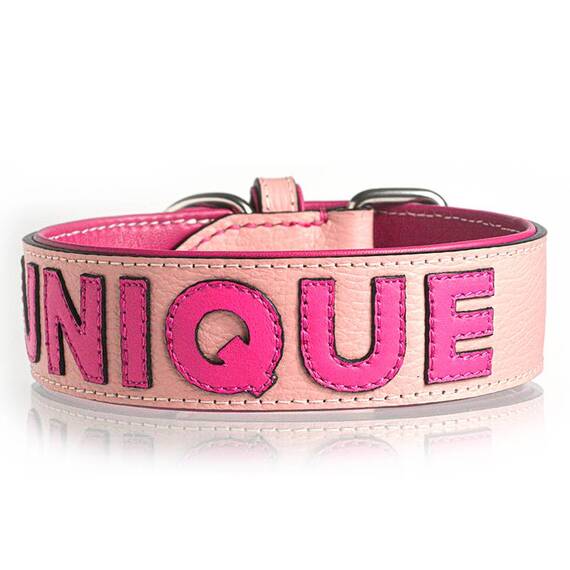 Personalisiertes Halsband aus Leder rosa, Schriftfarbe frei wählbar