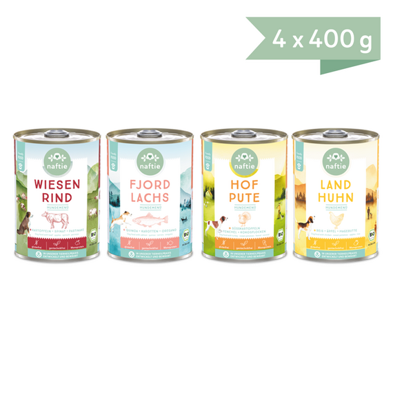 naftie Bio Hundefutter Nassfutter Testpaket Rind, Pute, Huhn und Lachs