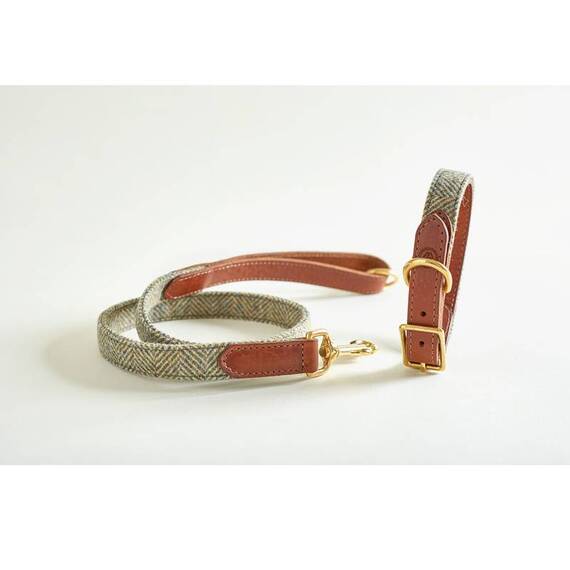 Hundehalsband Leder & Tweed grün "Heather"