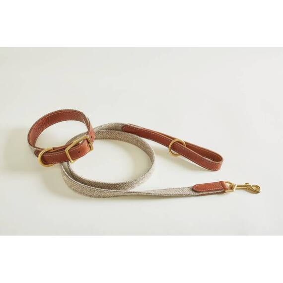 Hundeleine Tweed graubraun "Stone" mit Leder-Griffschlaufe