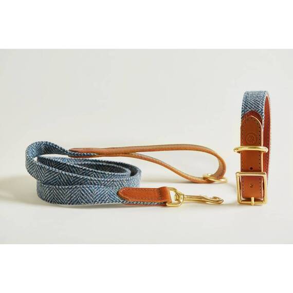 Hundeleine Tweed blau "Magpie" mit Leder-Griffschlaufe