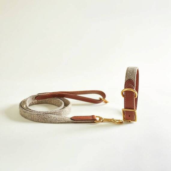 Hundeleine Tweed graubraun "Stone" mit Leder-Griffschlaufe