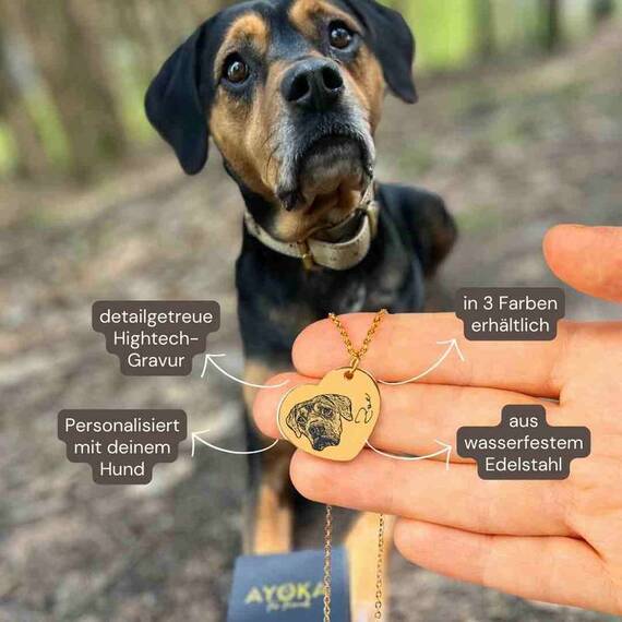Halskette 'Herz' mit graviertem Hundeportrait nach Foto • gold