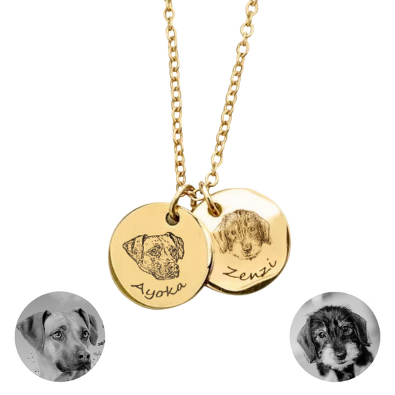 Halskette • zwei Anhänger mit Hundeportraits nach Foto • gold