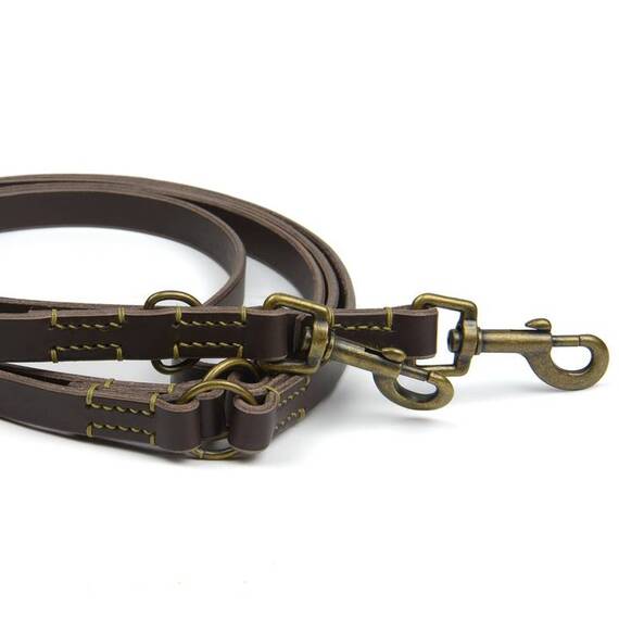 Verstellbare Hundeleine mit Sattlernaht • Leder dunkelbraun