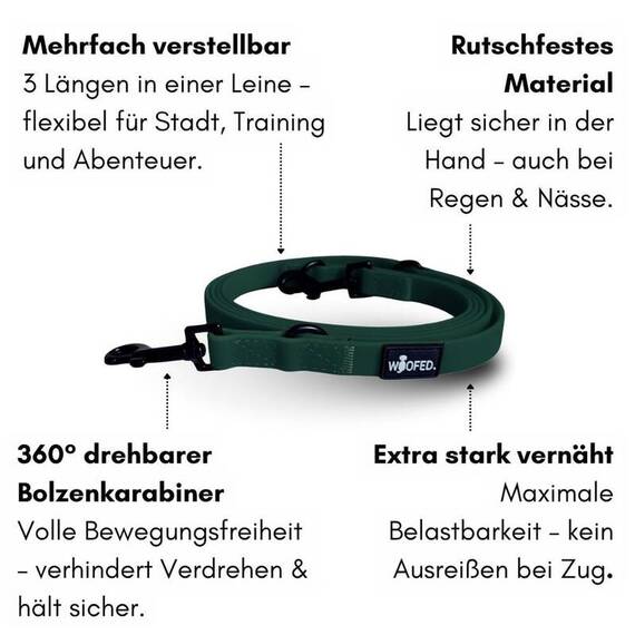 Wasserfeste Hundeleine, verstellbar • WOOFLEX® Classic Hunting Green