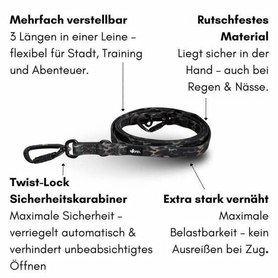 Wasserfeste Hundeleine, verstellbar • WOOFLEX® Pro Woodland Camo
