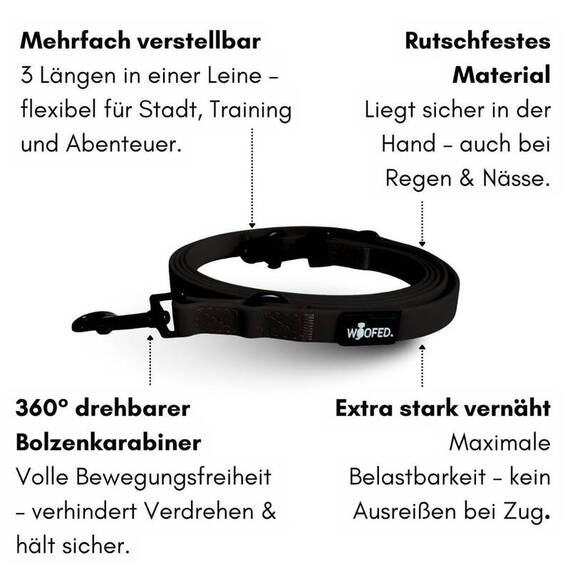 Wasserfeste Hundeleine, verstellbar • WOOFLEX® Classic Phantom Black