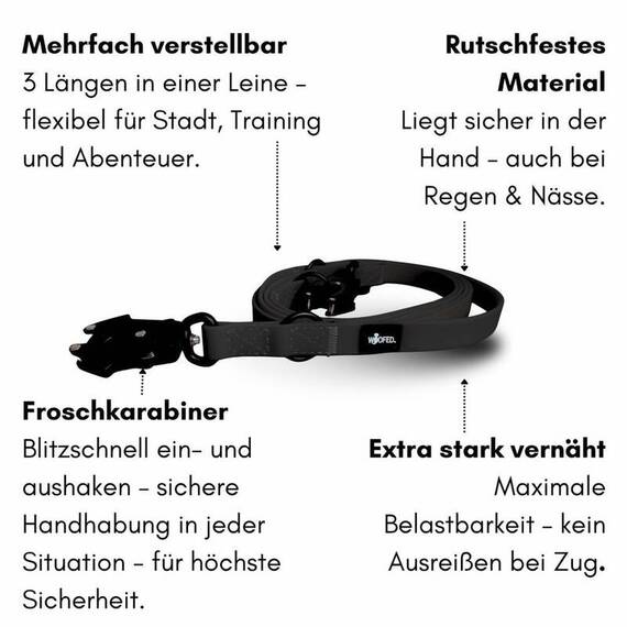 Wasserfeste Hundeleine, verstellbar • WOOFLEX® Tactical Phantom Black