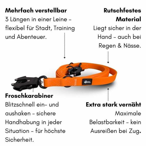Wasserfeste Hundeleine, verstellbar • WOOFLEX® Tactical Sunset Orange