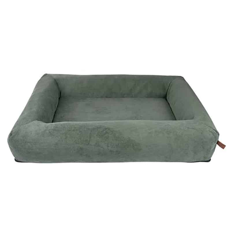 Hundebett mit breitem, umlaufendem Rand mit Bezug aus Cordsamt in gedecktem Grün (Modell Cosy Cord von Alsa)