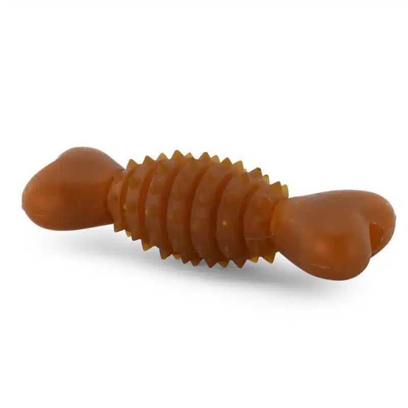 Kauspielzeug aus braunem Naturkautschuk in Form eines Knochens mit dickerem, genoppten Mittelteil