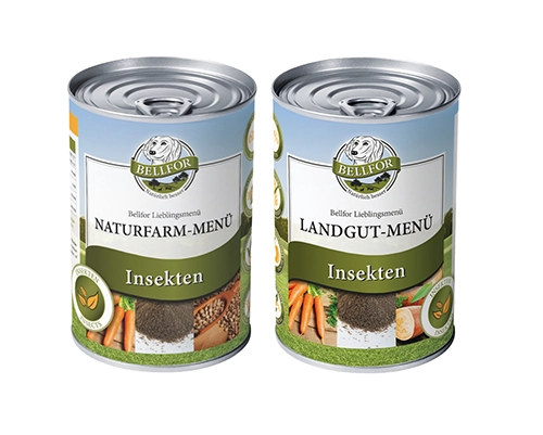 Zwei Dosen Hundefutter von Bellfor: Landgut und Naturfarm, zwei Menüs auf Basis von Insektenprotein