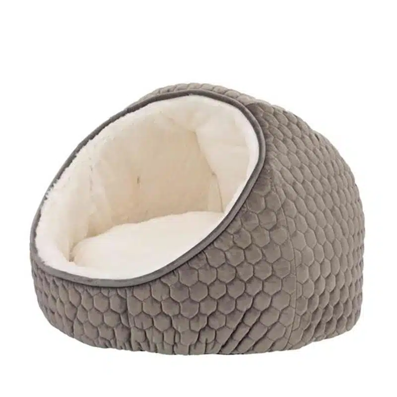 Kleines Hundebett mit Dach, Cocon – aus kuscheligem Plüsch in beige und creme für kleine Hunde