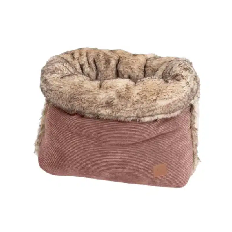 Kuscheliger Hundeschlafsack, außen mit altrosa Cordsamt, innen Kunstfell.