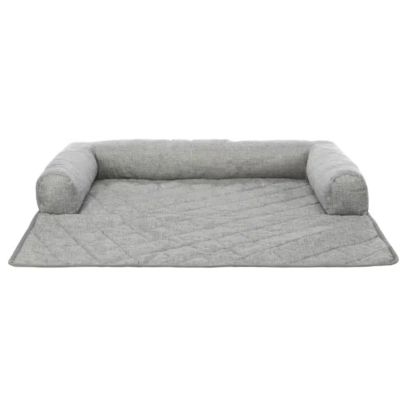 hellgraues Hundebett fürs Sofa. Liegefläche aus abgestepptem Polyestergewebe in hellgrau mit weichem Rand